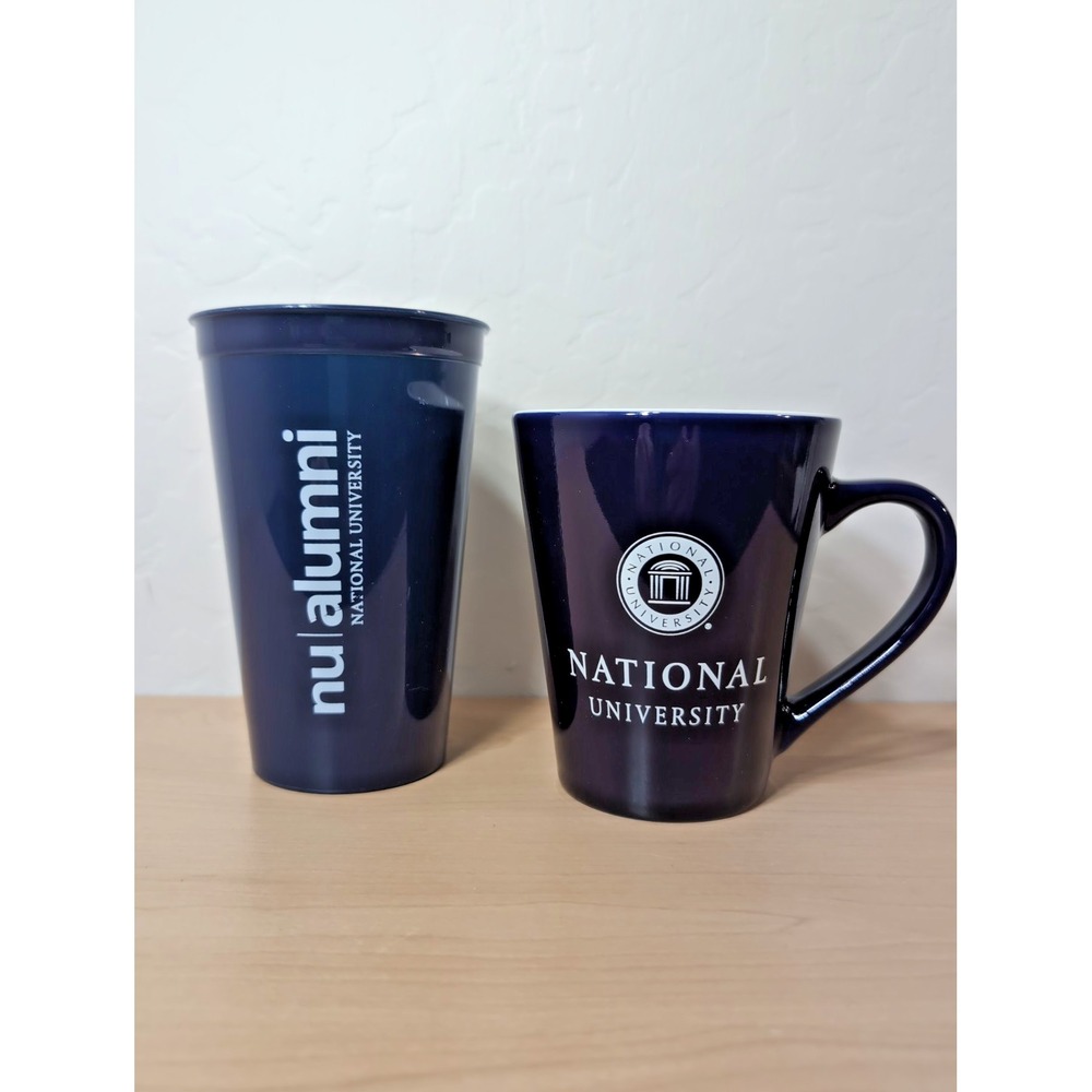 National University Ceramic Coffee Mug & Plastic Alumni Water Cup Blue & White